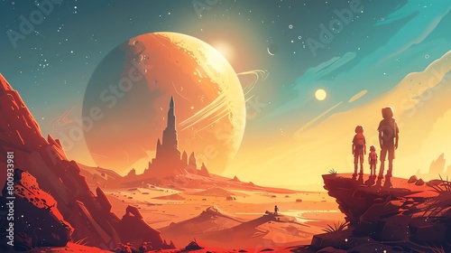 A space adventure with kids and aliens exploring a cartoon Mars landscape photo