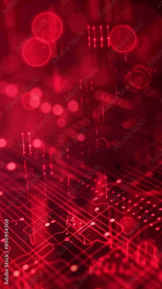 Obraz premium AI generated illustration of red glowing lights on a circuit board with lines and dots