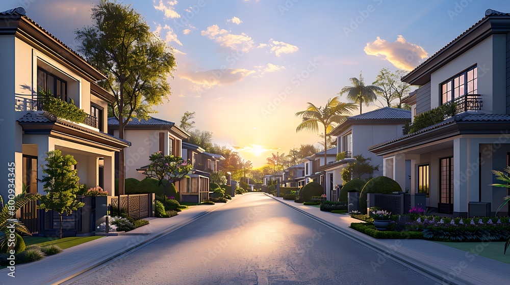 a modern suburban street lined with elegant two-story houses featuring clean architectural lines and contrasting trim.