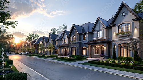 a modern suburban street lined with elegant two-story houses featuring clean architectural lines and contrasting trim. © antusher
