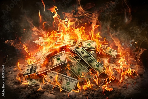 a powerful and evocative image of a large pile of US dollar bills engulfed in intense flames photo
