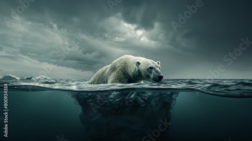 polar bear on ice There is plastic trash around. Concepts of global warming, environment, pollution and garbage.