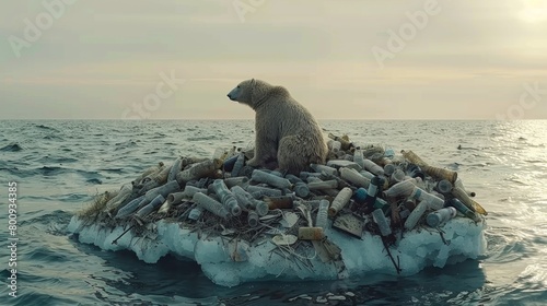 polar bear on ice There is plastic trash around. Concepts of global warming, environment, pollution and garbage.