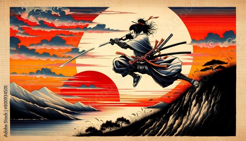 Japanese man in a samurai holding a katana sword. Ukiyo-e, Japanese painting.｜刀を持った武士の日本人男性、浮世絵、日本画