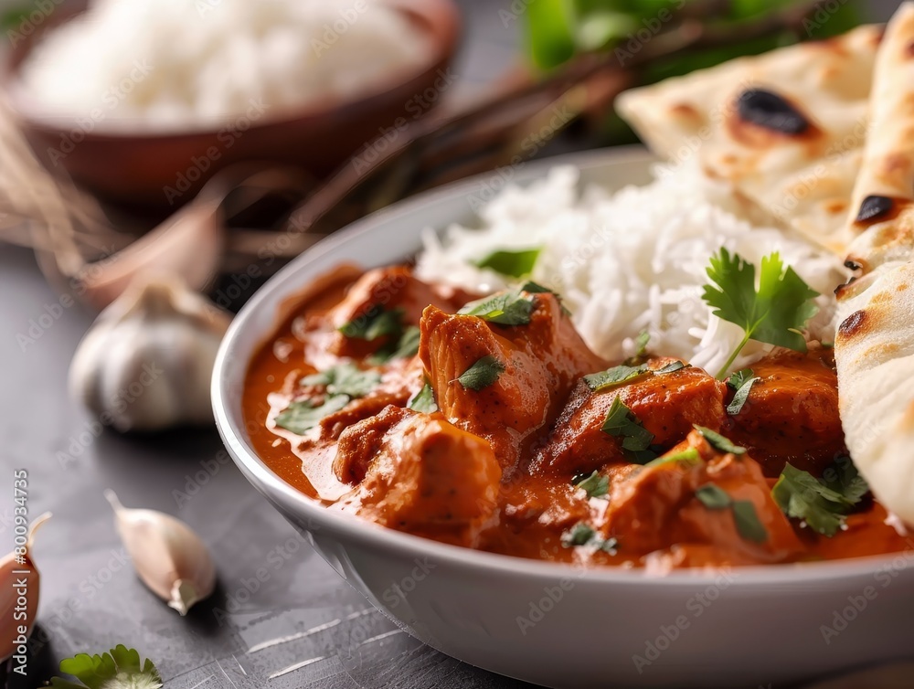 Chicken Tikka Masala Curry Naan Garlic Basmati Rice Close-Up Indian Food Dining Dinner Blurred Background Image