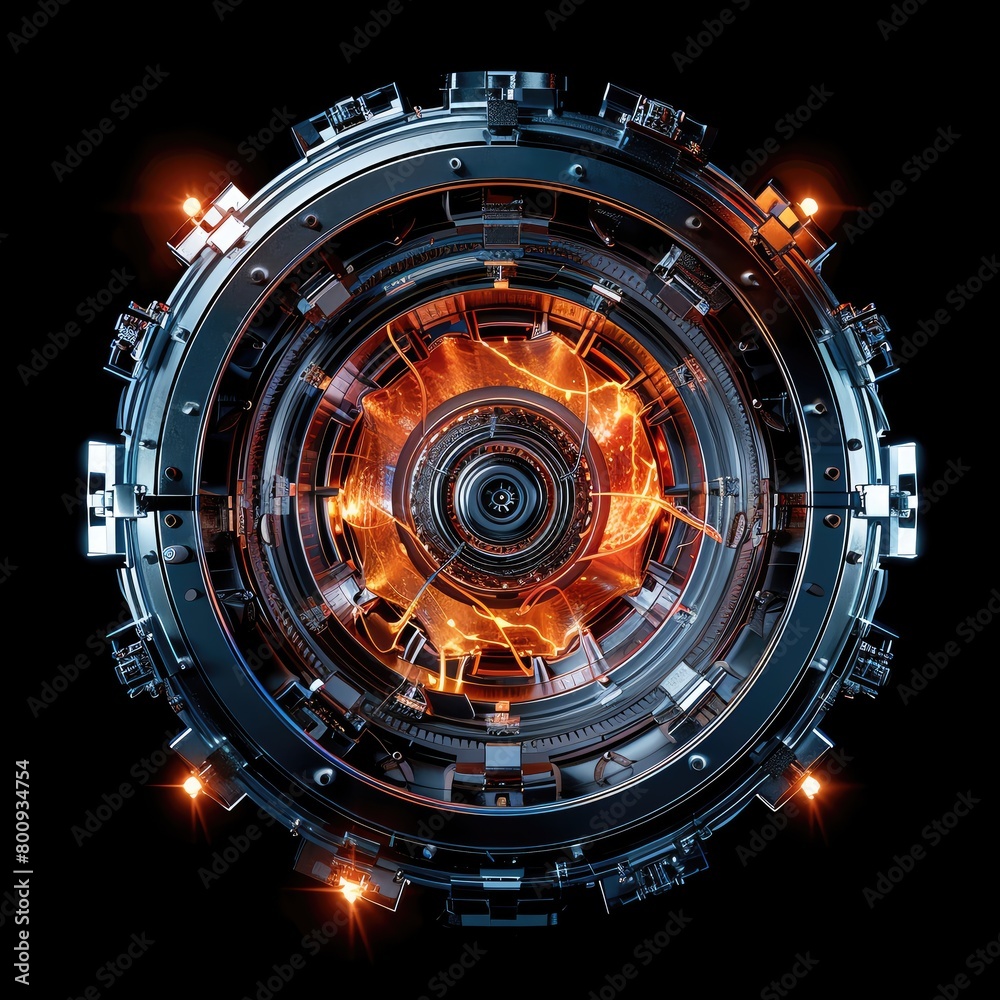 Advanced nuclear fusion reactor core glowing with intense future energy, isolated on black Advanced nuclear fusion reactor core glowing with intense future energy, isolated on black