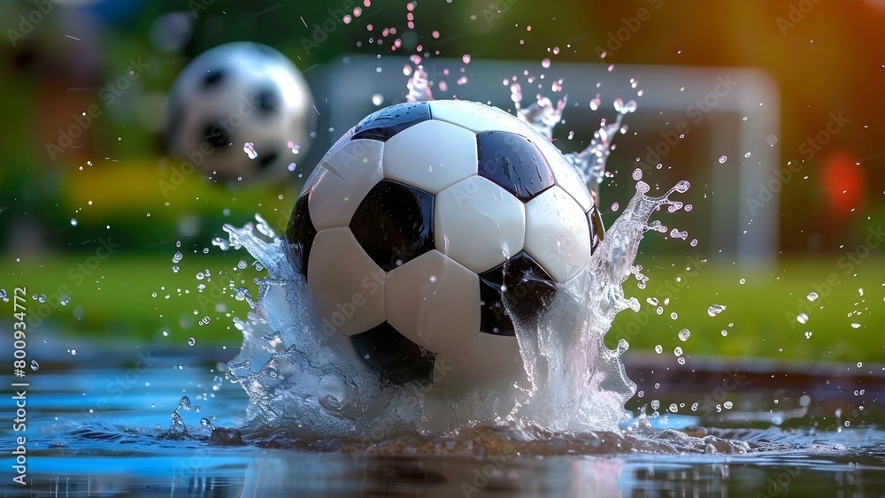 Naklejka premium Futuristic soccer ball exploding in white and black with neon glow . Concept Future Technology, Soccer Design, Explosive Art, Neon Glow, Black and White Palette