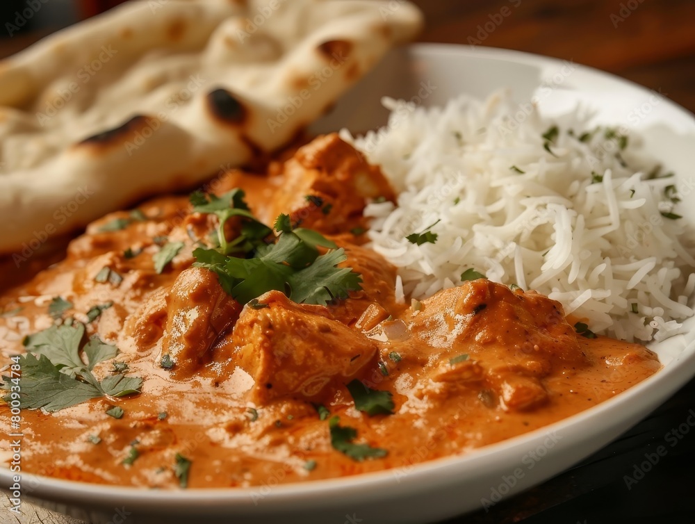 Chicken Tikka Masala Curry Naan Garlic Basmati Rice Close-Up Indian Food Dining Dinner Blurred Background Image