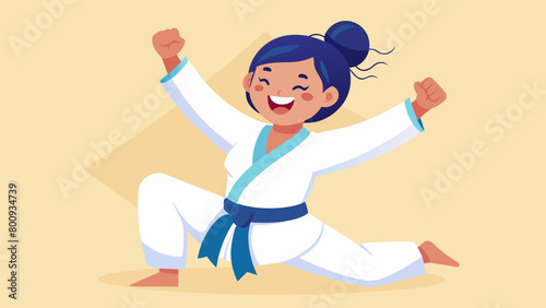 A woman smiles with joy as she exees a perfect jiujitsu move boosting her selfesteem and sense of empowerment.