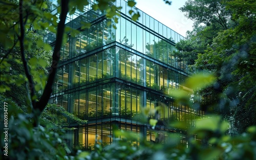 Glass Office in Verdant Setting  Glass Tower for Sustainable Business  Green Oasis in Urban Landscape