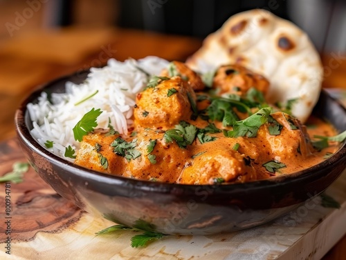 Chicken Tikka Masala Curry Naan Garlic Basmati Rice Close-Up Indian Food Dining Dinner Blurred Background Image photo