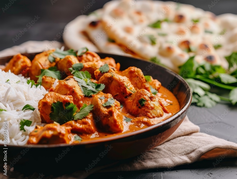 Chicken Tikka Masala Curry Naan Garlic Basmati Rice Close-Up Indian Food Dining Dinner Blurred Background Image Chicken Tikka Masala Curry Naan Garlic Basmati Rice Close-Up Indian Food Dining Dinner Blurred Background Image