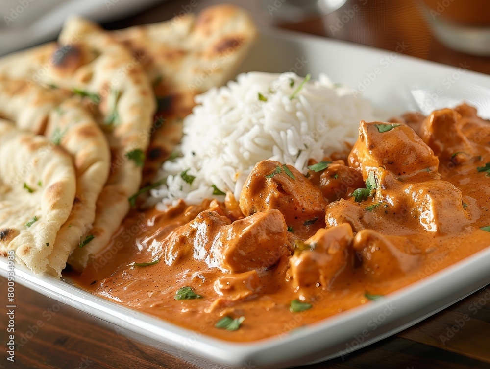 Chicken Tikka Masala Curry Naan Garlic Basmati Rice Close-Up Indian Food Dining Dinner Blurred Background Image Chicken Tikka Masala Curry Naan Garlic Basmati Rice Close-Up Indian Food Dining Dinner Blurred Background Image