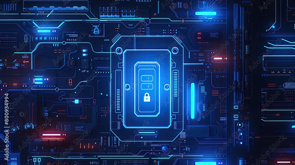 Neon blue digital lock interface on a futuristic security panel, abstract and high tech