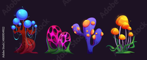 Magic neon color plants set isolated on black background. Vector cartoon illustration of fairytale tree, flower, mushroom glowing in blue, pink, yellow colors, fantasy wonderland design elements