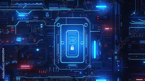 Neon blue digital lock interface on a futuristic security panel, abstract and high tech