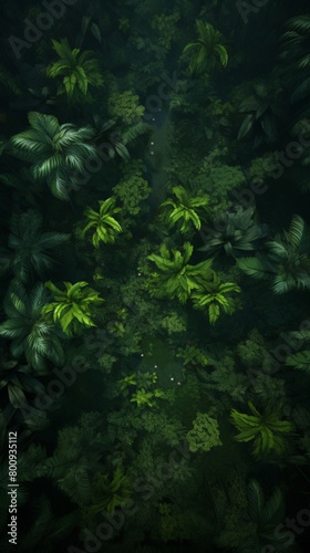 Aerial view of top down look over a dense tropical forest 
