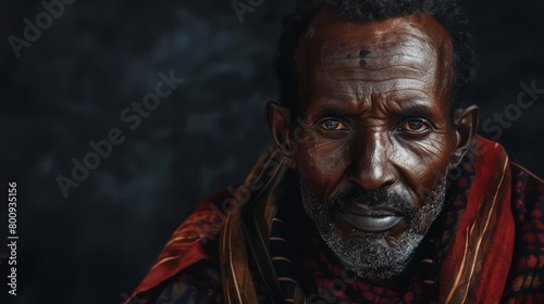Amhara Ethiopia Man, hyper realistic portrait, isolated on a solid background, with empty copy space.