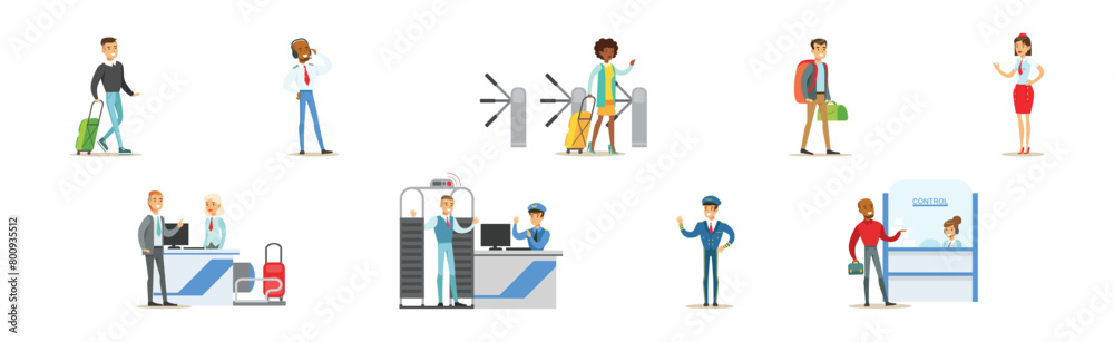 Different People Character in Airport Terminal Vector Set Different People Character in Airport Terminal Vector Set