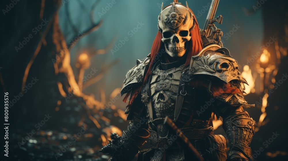 A warrior in a suit of armor with a skull for a head stands in a dark forest.