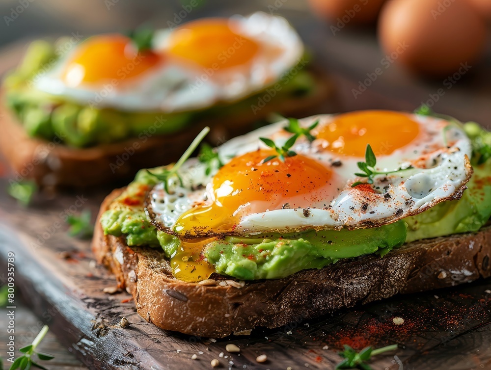 Avocado Toast Egg Eggs Tomatoes Bread Breakfast Close-Up Food Dining Blurred Background Image