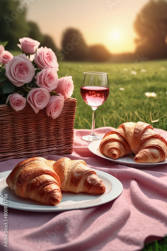 Sunset picnic with strawberries, croissants and appetizers on the board and rose wine on the grass.