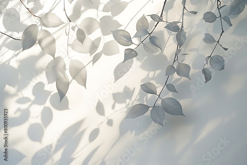 the delicate play of light and shadow on a white wall. Include the silhouettes of leaves and branches