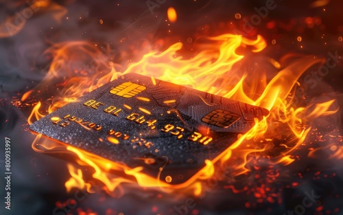 Visual Representation of a Flaming Credit Card Symbolizing Debt, Artistic Rendering Showing a Credit Card