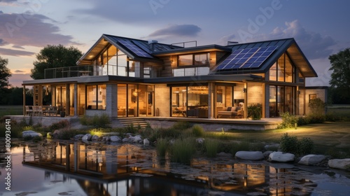 Modern house with solar panels on the roof