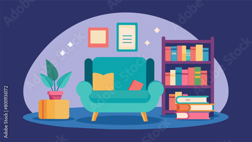 A quiet reading nook with sensoryfriendly books and comfortable seating providing a peaceful space for children to relax and read.. Vector illustration