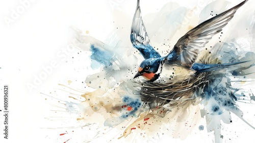 A detailed watercolor splash art of a swallow building its nest, isolated on a white background, capturing the essence of home and family.