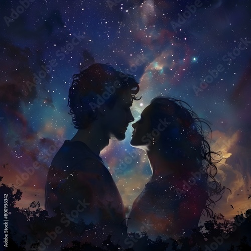 Couple in Romantic Embrace Under Starry Night Sky with Cosmic Backdrop