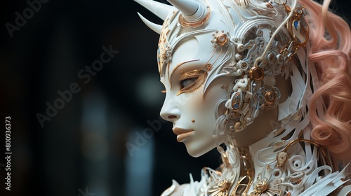 A 3D rendering of a female character with white and gold armor and pink hair.
