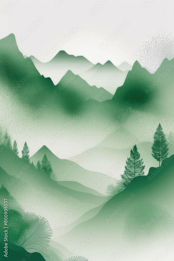 Collage de green nature avec arbres et montagne in watercolor style.