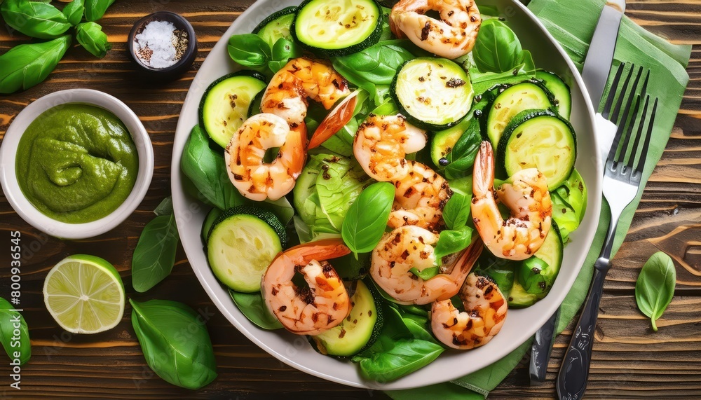 Salad with grilled shrimp and fresh green vegetables, spinach leaves and zucchini served 