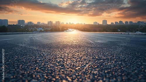 A road made of blacktop and cityscape with contemporary structures during dusk. photo