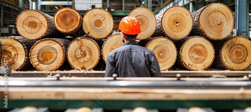 Dynamic poster showcasing sawmill worker in action amidst timber industry setting