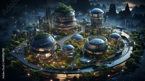 A futuristic city with green vegetation and large glass domes.