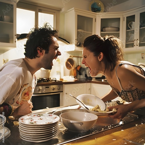 Heated Domestic Dispute in Kitchen with Piled Dishes photo
