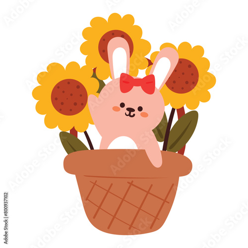 hand drawing cute cartoon bunny inside the flower basket. cute animal doodle