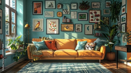 Eclectic Living Room Artwork Display: A 3D illustration showcasing an eclectic living room with a dynamic artwork display © MAY