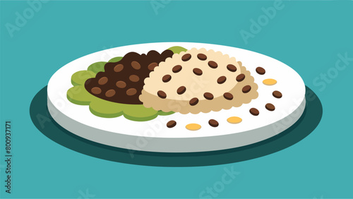 A minimalist illustration of a plate with a portion of Hoppin John a dish made with blackeyed peas and rice traditionally eaten for good luck during. Vector illustration