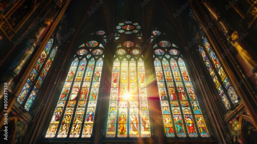 A captivating image of a stained glass window in a church, with intricate patterns and vibrant colors, symbolizing the divine and the sacred on Whit Monday.