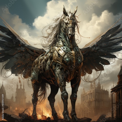 A steampunk pegasus stands in a ruined city.