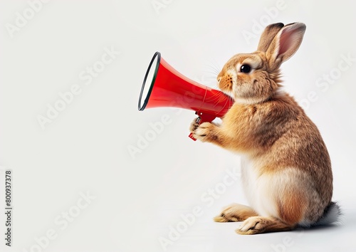 Rabbit announces on a megaphone. Notification, warning, announcement. Copy space.