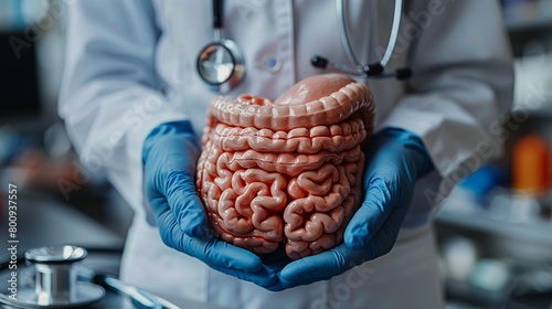 A physician examining a model of the human colon, showing conditions such as colorectal cancer and digestive issues. photo