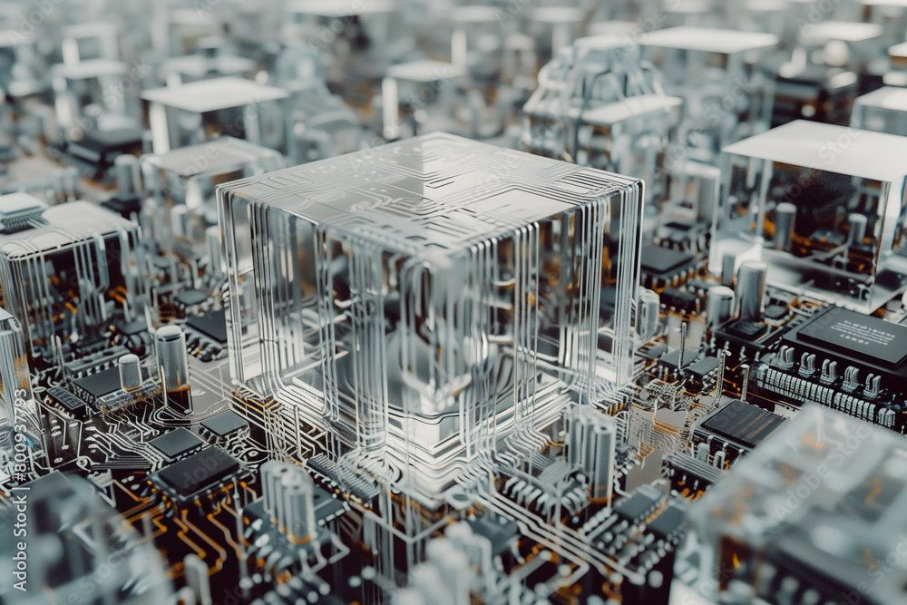 Obraz premium Abstract translucent electronics circuit board with glowing light white tone for background in concept technology, A.I., AI, digital, quantum computing