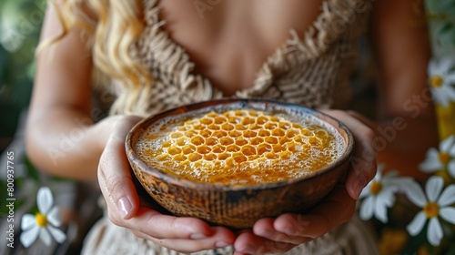 Close-up of woman's hands grasping a wooden spoon while stirring a bowl of natural bee nectar, creating handmade glycerin soap. photo