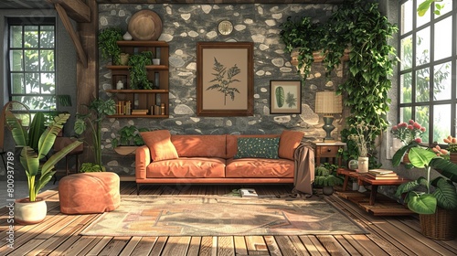 Family Living Room Natural Elements: A 3D illustration featuring a living room with natural elements like wood