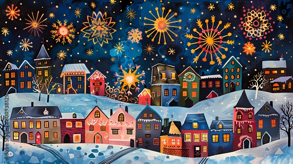 blue town fireworks illustration poster background